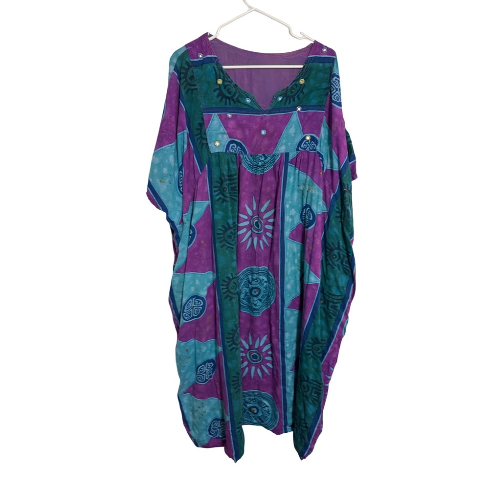 Vintage Kaftan Dress Celestial Sun Print Purple Teal Embellished Oversized OS